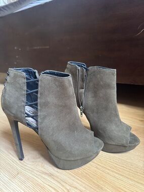 Mix No. 6 Olive Suede Peep-Toe Lace-Back Ankle Booties